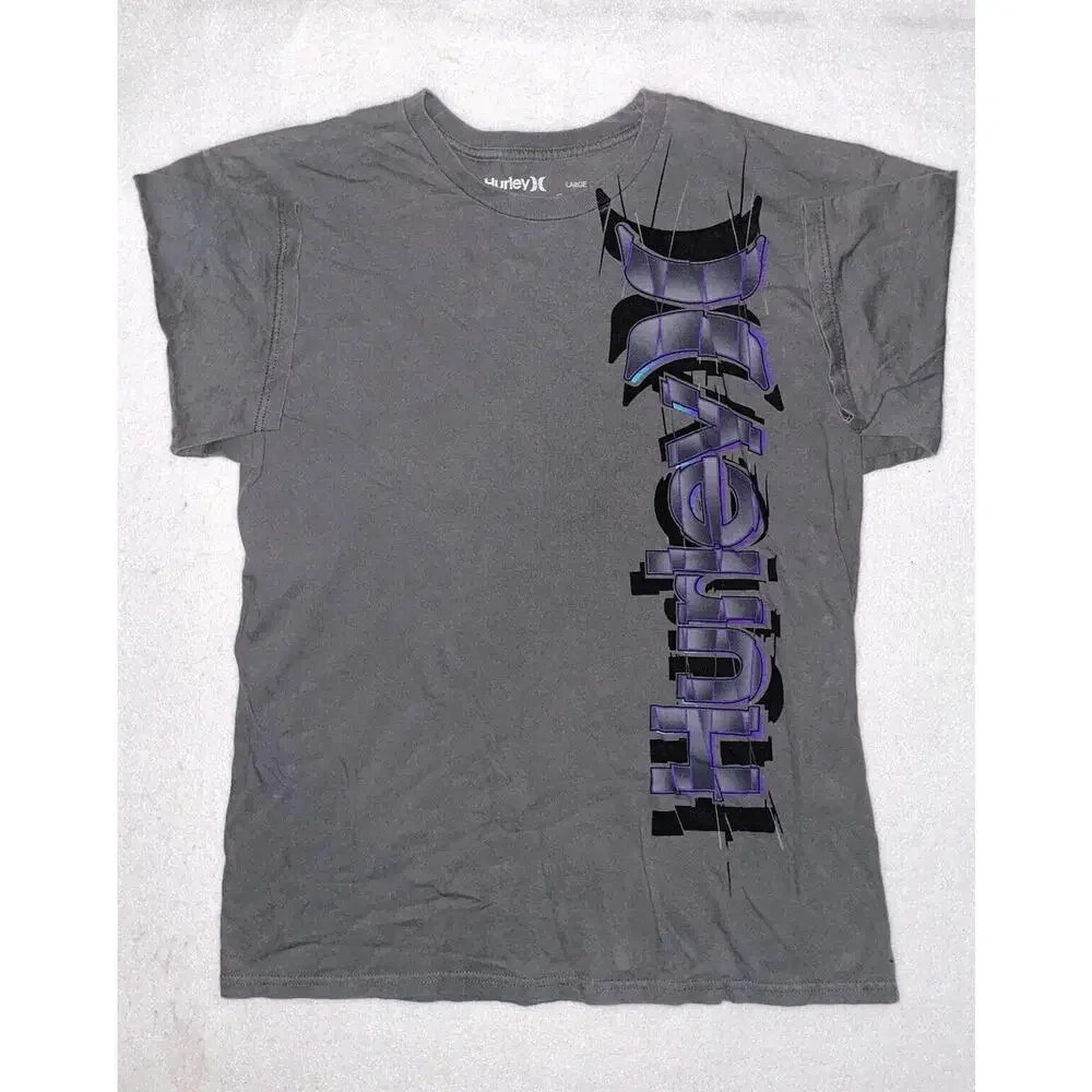 Vintage Hurley Logo Big Graphic Shirt Mens L Gray Short Sleeve Skater Y2K Grunge